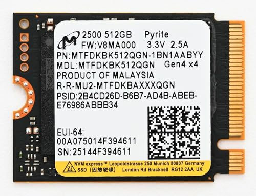 Micron 512GB 2500 M.2 2230 PCIe Gen 4.0x4 NVMe SSD up to 6600MB/s Compatible with Steam Deck Surface Ally Mini Laptop PCs