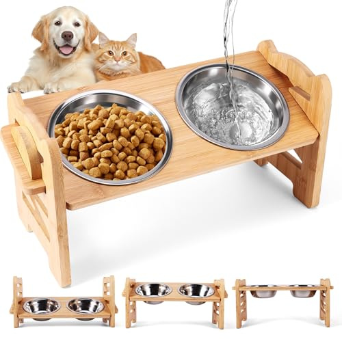 Raised Dog Bowl, Elevated Dog Bowls with Stand 3 Height Adjustable Bamboo Dog Feeding Station with 2 Stainless Steel Bowls, Neck Protection Raised Cat Bowls Anti Slip Feet for Dog and Cat Feeding