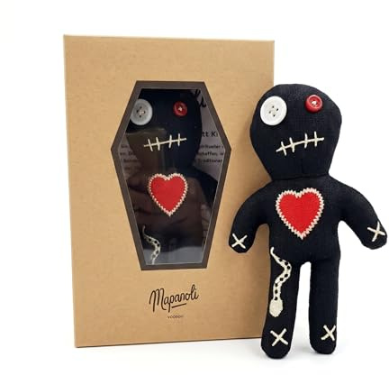 Mapanoli Voodoo Puppe (Schwarz) – Deko- und Scherzartikel für Erwachsene | Mit Nadeln, Sargbox & Anleitung | Handgefertigt, 16 cm
