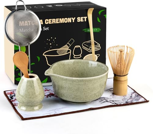 MOFELON 7 Pcs Matcha Set,Matcha Kit,Matcha Whisk and Bowl,Matcha Tea Set with Ceramic Bowl,Bamboo Whisk/Holder/Scoop/Sifter, Gift for Matcha Lover (Green)