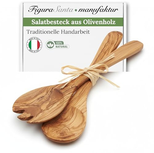 Figura Santa Exklusives Salatbesteck aus Olivenholz - Salatgabel und Servierlöffel, 2 teiliges Holzbesteck, Löffel, Gabel, Küchenhelfer aus Holz, fein gemasert (36 cm)