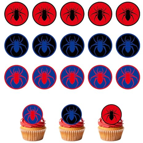 15 Stück Essbare Kuchendekorationen, 5 cm Rund Spinne „Happy Birthday“ Essbare Kuchendekoration Rote Cartoon-Spinne Kuchendekor für Kinder Jungen Mädchen Geburtstags-Mottoparty (3 Designs)