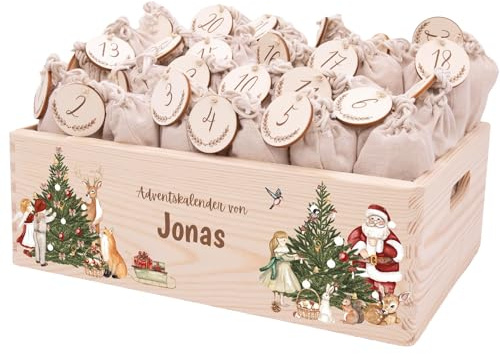 Minihelden - Personalisierter Adventskalender 2025 aus Holz | Nachhaltige Adventskiste zum Befüllen mit Geschenktüten & Holzzahlen | Wiederverwendbare Weihnachtsdeko für Kinder & kleine Entdecker