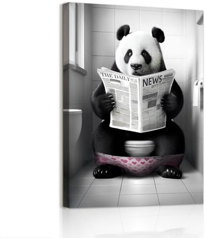 WENGTIAO Lustige Panda Badezimmer Leinwand Bilder Kunstdrucke Gerahmt | Schwarz Weiß Panda sitzt auf der Toilette Lesen Zeitung Wandbilder auf Leinwand für Badezimmer Toilette Wanddeko 30x40 cm