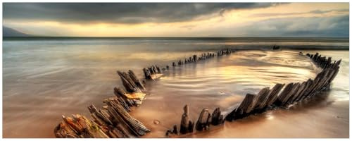 Wallario Memoboard aus Glas mit Motiv, Magnet-Tafel in 32 x 80 cm in Premium Qualität Bootswrack in Irland am Strand