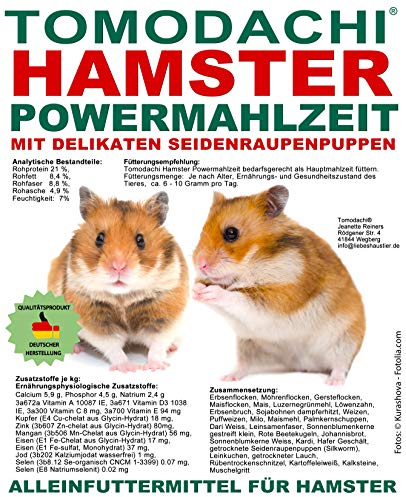 Tomodachi Hamsterfutter, Komplettfutter für Hamster mit tierischen Proteinen, Seidenraupen, viel Gemüse, wenig Pellets, Erbsenflocken, Möhrenflocken, Kräuter, Nüsse, Hamster Powermahlzeit 5kg Sack