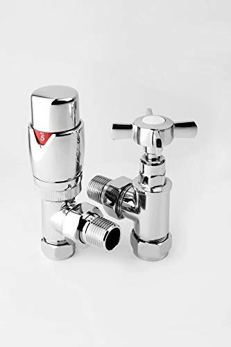 Greened House Krackow Angled Designer TRV Thermostatic Radiator & Towel Rail Valve with Traditional Cross Head Valve Column Radiator Valve