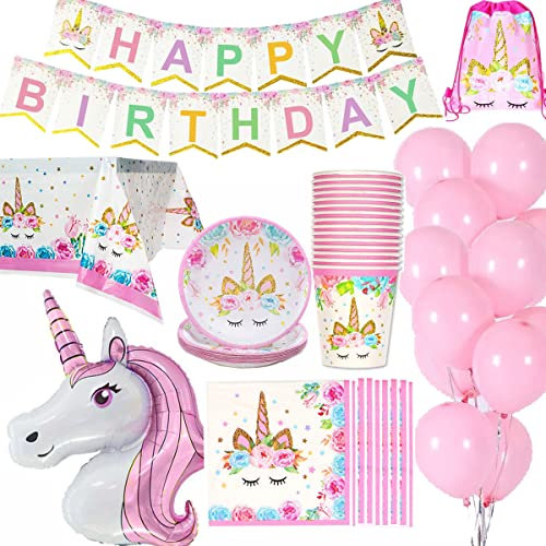 Jolily Décorations Anniversaire Licorne Pack Fournitures Vaisselle pour 16 invités 1 Nappe Housse 16 Tasses 16 Assiettes 16 Serviettes 1 bannière Happy Birthday 1 Licorne géante 10 Ballons Roses