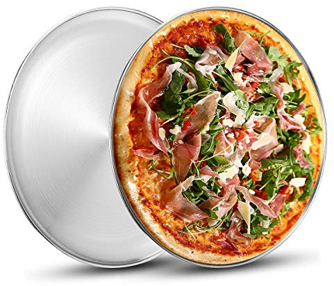 Deedro Bandeja redonda para pizza de acero inoxidable, bandeja para hornear pizza de 13 pulgadas, bandeja saludable para hornear y servir, sartén crujiente con apto para lavavajillas, paquete de 2