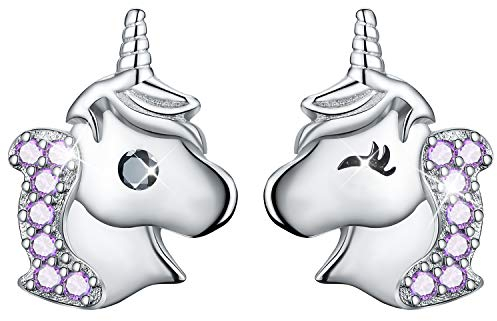 ✦Valentinstag Geschenk Für Sie✦ Winglove Einhorn Ohrringe Mädchen, Einhorn Ohrringe mit Zirkonia Asymmetrie Ohrringe Kinder Ohrringe Stecker Einhorn, Einhorn Geschenke für Mädchen.(Purple)