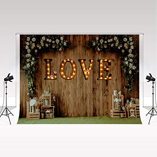 Kate Foto Hintergrund aus Holz 3x2m weiße Blumen Fotografie Liebe Licht Zeichen für Valentinstag Frühling und Sommer Outdoor Dekoration