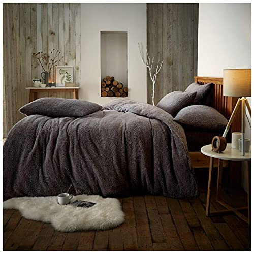 GC GAVENO CAVAILIA Teddy Bear Fleece Double Bedding Set | Soft & Cosy Thermal Warm Fluffy Double Duvet Sets With 2 Piece Pillowcases| Charcoal | 200 Cm x 200 Cm