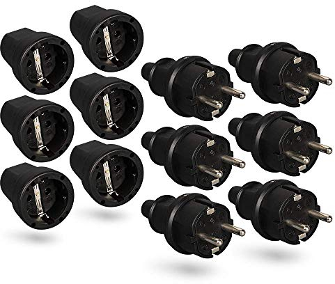 HEITECH 6x spina maschio e 6x presa femmina elettrica in gomma - Set di connettori maschio e femmina con protezione anticurvatura, nero, 250 V, 16 A, IP20 per uso interno - Spina elettrica