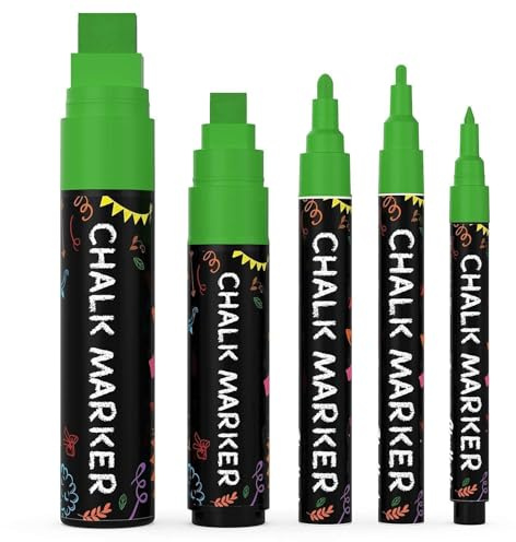 5 Green Chalkboard Chalk Pens - Green Dry Erase Markers for Blackboard | Variety Pack - Fine & Jumbo Size Ink Pen (1mm, 3mm, 6mm, 10mm, 15mm) - Liquid Chalk Pens for Chalkboard Signs, Windows, Glass