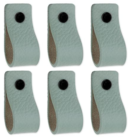 Brute Strength Ledergriffe für Möbel 12,5 x 2,5 cm Blassgrün 6 Stück | Handgefertigte Möbelgriffe und Lederschlaufen aus Vollnarbenleder; für Schranktüren und Schubladen, Schrauben inklusive