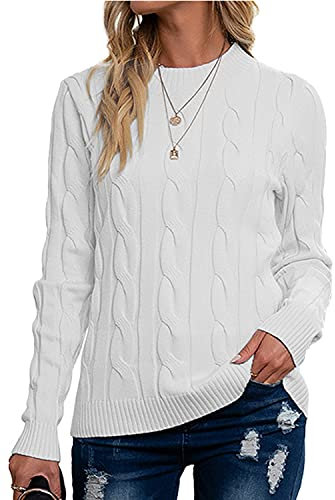 Breampot Pullover Damen Casual Strickpullover Winter Rundhals Lose Pulli Warm Outwear Pullover Oberteile (Weiß, Large)