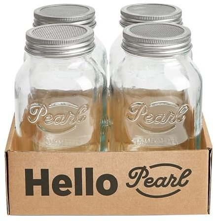 HELLO PEARL Mason Jar Luna Mesh Keimglas 1000ml 4er Set | Rostfreier Edelstahl Deckel, Edelstahl Gitterdeckel, wiederverwendbares Sprossenglas mit Fermentiergitter, hochwertiger Glasbehälter.