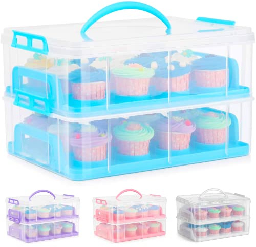 SG Traders 2 Tier Cupcake Carrier with Handle, Stackable Cake Caddy, Baking Cupcake Boxes, Plastic Storage Box with Adjustable Compartments