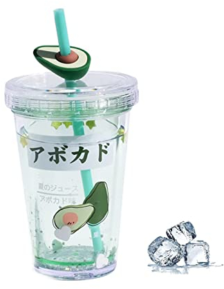Bouteille d'eau mignonne avec paille - Paillettes, double paroi, motif Kawaii (44 cl, vert)