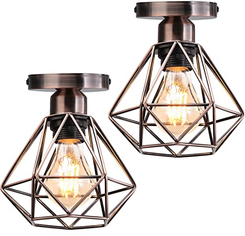 TOKIUS Deckenlampe 16CM Vintage Deckenleuchte im Industrial Design Retro E27 Lampe aus Eisen Geometrisch Käfig Pendelleuchte, Kupferrost (2 Stücke)