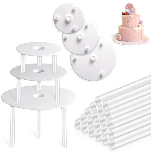 Vicloon Soporte Tartas, Tartas Apiladas de 3 Capas,Soporte de Plástico Tartas con 20 Varillas de Soporte,Bandeja para Tartas para Tartas Escalonadas, Reutilizable Tablero para Pasteles