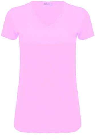 Womens Ladies Casual Cap Sleeve Plain V Neck Basic Stretchy Baggy Jersey T Shirt (Baby Pink, 20-22)