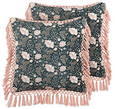 Beliani Dekokissen 2er Set mit Füllung Fransen Blumenmuster Samt blau 45x45 cm Parrotia