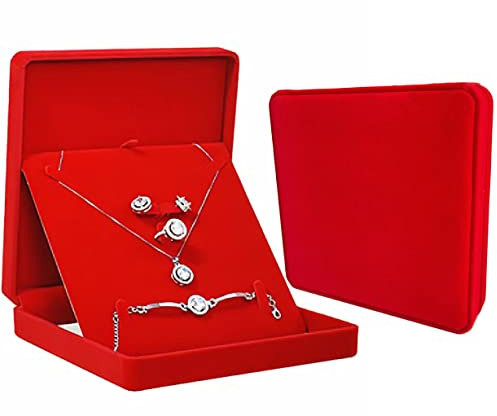 Fadsace Schmuck-Set aus Plüschsamt, Organizer, Halskette, Ring, Halskette, Armband, Geschenk-Vitrine, Hochzeitsschmuck, Aufbewahrung, Geschenk-Box, Rot