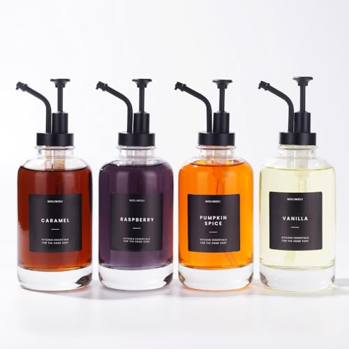 Molimoli Lot de 4 distributeurs de sirop de café pour bar à café, bouteille de sirop en verre avec pompe, bouteilles de sirop d'érable/café, distributeur de sirop, lot de 4, avec étiquettes, noir
