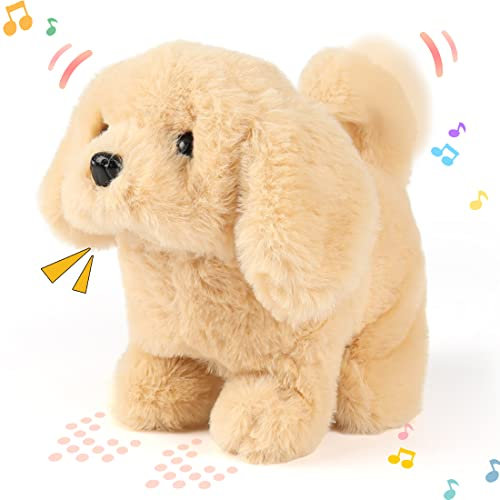 Hopearl Gehender Hund Golden Retriever Interaktive elektronische Haustier Plüsch Spielzeug Welpe Woff und bewegte animierte Knotenkopf Geschenke für Kleinkinder Geburtstag, braun, 18cm