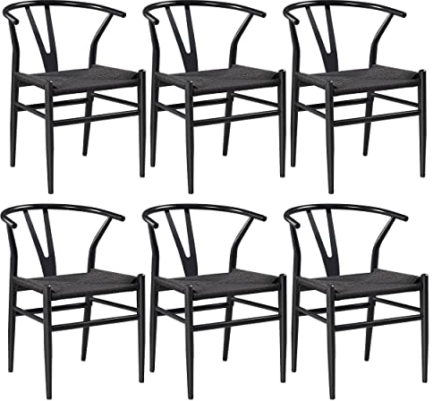 Yaheetech 6er Mittelalterlicher Stil Esszimmerstühle, Y-Stuhl mit Metallrahmen, Rattan Stuhl bis 150KG belastbar, Full schwarz