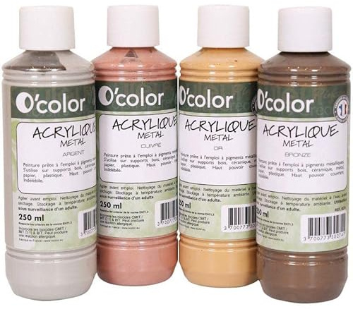Lot de 4 flacons de 250 ml de peinture acrylique O'COLOR couleurs métallisées