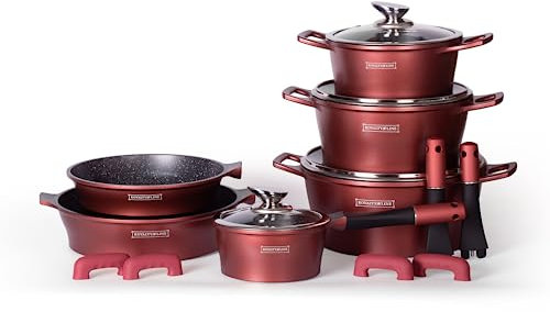 Royalty Line Topfset 14 Tlg. Burgunder - Töpfe Set geeignet für Induktion - Kochtopf Set & Pfannen mit Anti Haft Beschichtung - Pfannenset aus Alu mit Hitzeschutz Silikon Griffen - Topf set mit Deckel