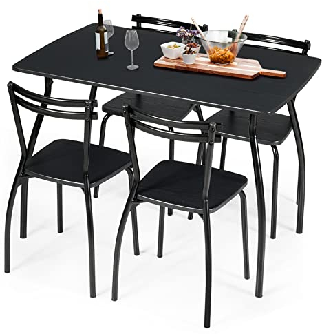 COSTWAY - Conjunto de mesa y 4 sillas, mesa de comedor con 4 sillas, marco de metal, negro, para comedor, cocina, restaurante, salón