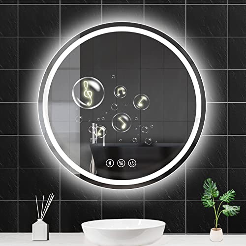 Habison Badspiegel Mit Beleuchtung Rund 70cm, Badezimmerspiegel Mit Beleuchtung Bluetooth Spiegel,Antibeschlag,Touch Schalter,Dimmbar LED Badspiegel Mit Warmweiß,Kaltweiß,Neutral Licht Spiegel LED
