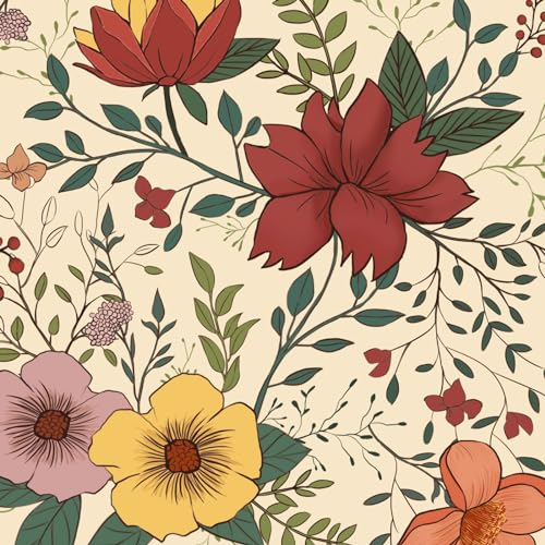 VOLEAAR Floral Peel and Stick Wallpaper - Vintage Leaf Flower Contact Paper, Removable, Waterproof Boho Wallpaper for Room Wall - Yellow Pink Red - 44.5CM x 300CM