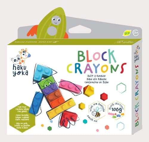 Haku Yoka 6303087 Block Wachsmalkreiden-Set, Rakete, Wachsmalsteine in kräftigen Farben, Wachmalstifte in Klemmbaustein-Form, ohne Abfärben, für Kinder ab 3 Jahren