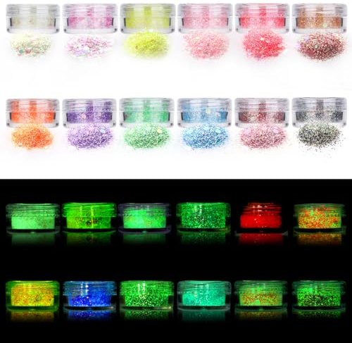 Fluoreszierendes Glitzer 12 Farben,Festival Glitzer, Body Glitter für Nagelkunst und Körper, Gesicht, Haare, Kleidungsdekoration, Feminine Glitzer Make Up Pailletten und Festival Zubehör