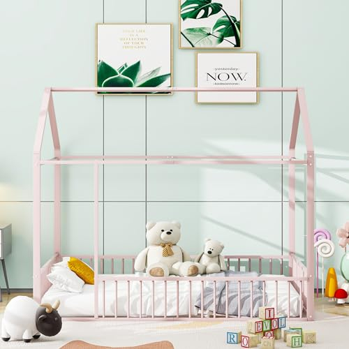 Hausbett 140 X 200, Kinderbett Rausfallschutz, Metallbett mit Zaun für Kinder, Teenager, Mädchen, Jungen, Bodenbett Doppelbett, Bettrahmen aus Metall, Rosa