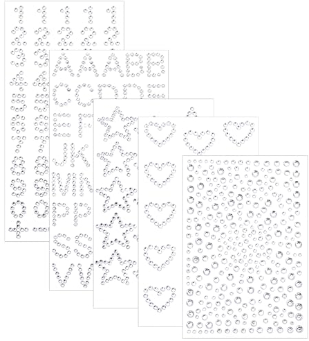 5Pcs Rhinestone Stickers Heart Numbers Letters Sticker Self-Adhesive Glitter Alphabet Jewels Decal Crystal Gemstone Border Art Sticker for Face Makeup Body Nail Craft Clothes Festival Decors