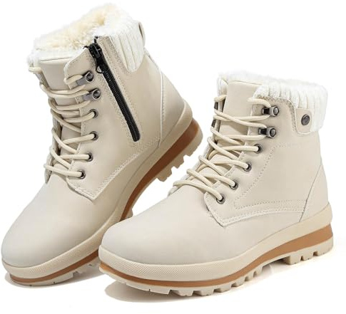 Hanani Women's Winter Snow Boots Ankle Waterproof Fur Lined Leather Walking Boots Lace Up Zipper Lightweight Outdoor Ladies Warm Shoes Non Slip Mid Calf Boots Beige