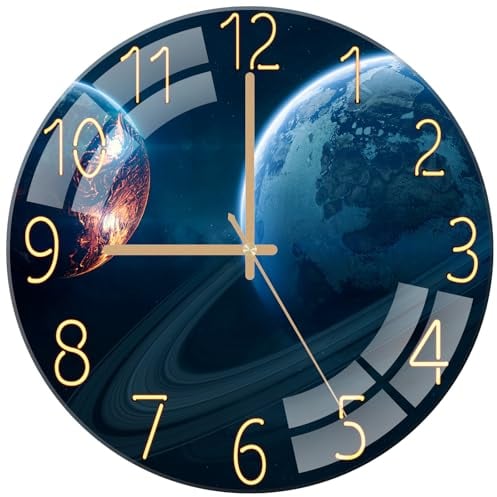 ALEENFOON Wanduhr Glas 30cm Leise Ohne Tickende Qualität Quarz Lautlos Dekorative Runde Wanduhren für Küche Wohnzimmer Schlafzimmer Flur Büro (Planeten)