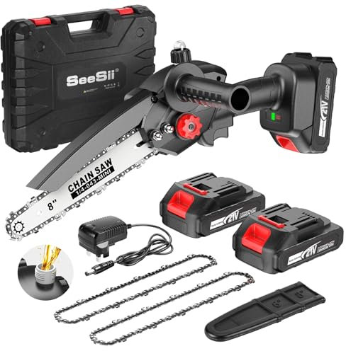 Seesii Mini motosega da 20 cm, motore brushless aggiornato con oliatore, 2 batterie da 2000 mAh, motosega portatile alimentata a batteria per il taglio del legno di rami di albero, idea regalo