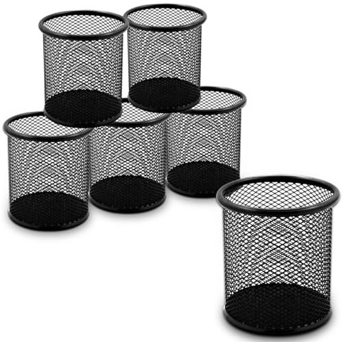 Waytex Lot de 6 Pots à Crayons de Bureau en Métal mailles Mesh Porte Stylos Rond Noir