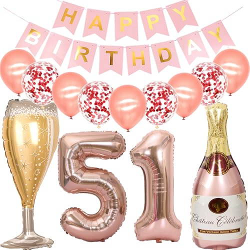 Feelairy Luftballon 51. Geburtstag Deko Frau, Rosegold Folienballon Weinflasche Sektflasche Helium Ballon Champagner Flasche, Girlande Happy Birthday Deko für Geburtstagsdeko 51 Jahre Frauen