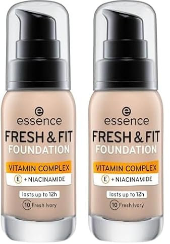 essence cosmetics FRESH & FIT FOUNDATION, Make Up, Nr. 10 fresh ivory, nude, pflegend, glättend, mit Vitaminen, natürlich, vegan, ohne Parabene, Mikroplastik Partikel frei (30ml) (Packung mit 2)