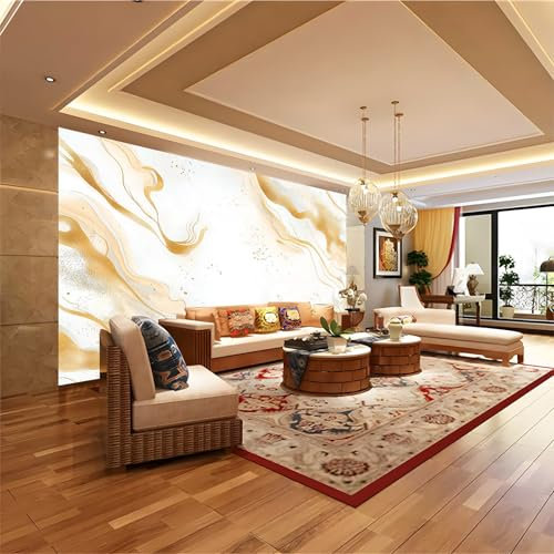Papiers peints Intissé 250 x 175 Murales Poster Effet Trompe L'oeil Motif en marbre doré Revêtement mural décoration pour chambre salon cuisine or
