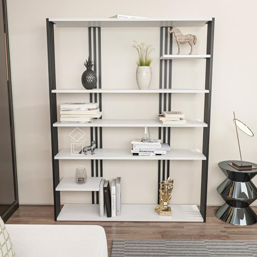 Stylish Bookshelf, 120 cm x 160 cm x 29.6 cm, White & Black | 100% Melamine Coated Particle Board, 18 mm Thick | Modern Storage Solution for Home & Office