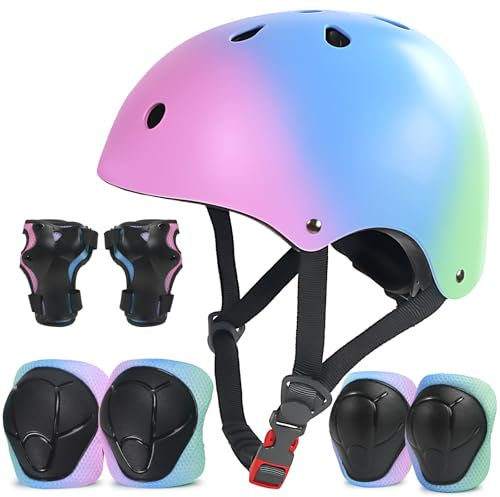 LANOVAGEAR Set de Protección Patinaje, Protección Infantil Consta de Casco Ajustable Rodilleras Coderas para Skate Patinaje Ciclismo Monopatín línea (Rosa Azul Verde, M)