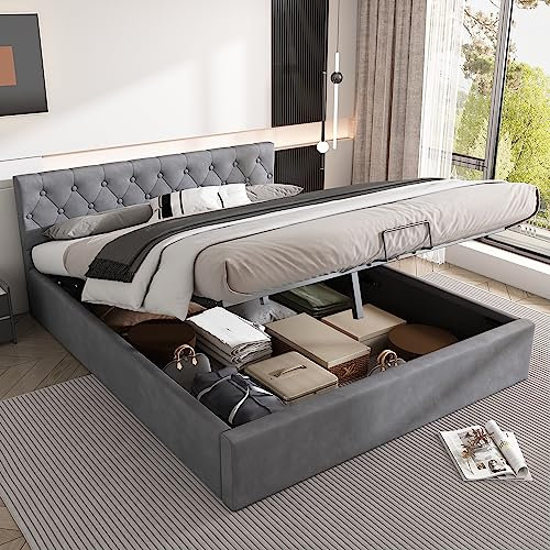 Gegtuon Polsterbett Doppelbett 140x200 cm, Bett mit Hydraulisches Stauraum und Kopfteil, Stauraumbett Bettgestell mit Lattenrost aus Holz, Jugendbett Rückenlehne Flachbett, ohne Matratze, Samt, Grau